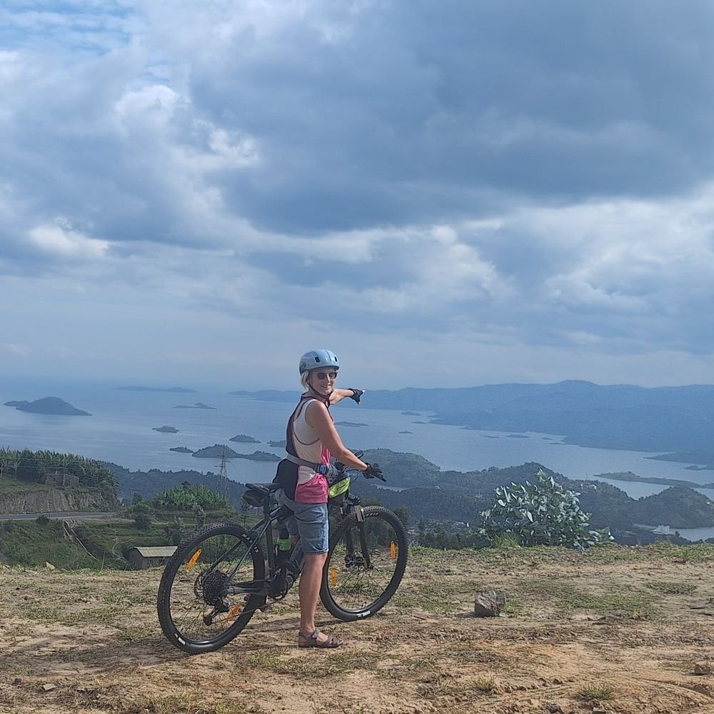 E-bike viewpoint on Mount Karongi overlooking Lake Kivu islands in Rwanda