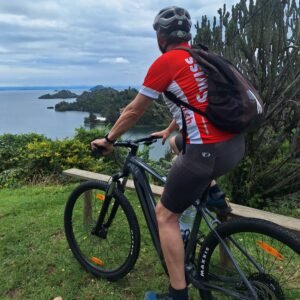 E-bike rider enjoying panoramic Lake Kivu views in Karongi Rwanda
